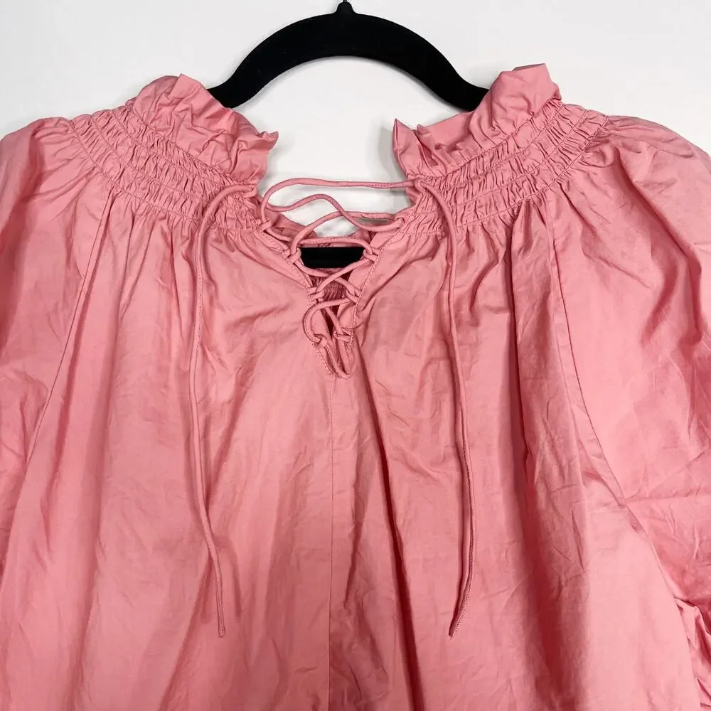 J Crew Womens XS Pink Smocked Neck Puff Sleeve Cotton Poplin Top Lace Up Back